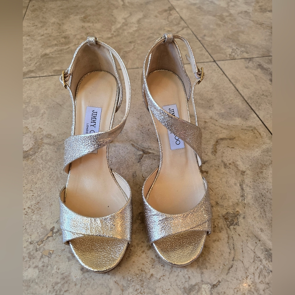 Jimmy Choo Gold Metallic Leather Sandals Size 37.5